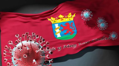 Badajoz 'da Covid - Coronavirus, Badajoz' un bir şehir bayrağına saldırıyor. Bu şehirdeki virüs salgınıyla mücadele ve mücadele sembolü olarak.