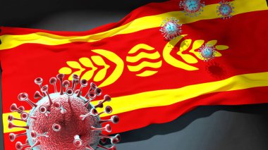 Kuzey Makedonya 'nın Kocani Belediyesi' ndeki Covid - Coronavirus ve Kocani Belediyesi 'nin Kuzey Makedonya bayrağı, bu kentteki pandeminin bir simgesi olarak, 3D illüstrasyon