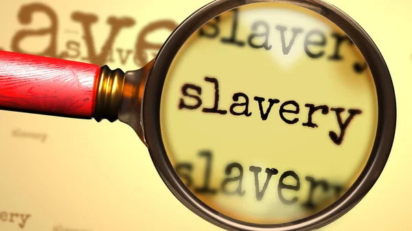 Slavery 단어에 나오는 제도와 돋보기는 나오는 제도라는 관련된 대답을 상징하였다 — 스톡 사진