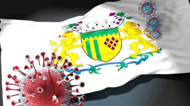 Caxias do Sul 'daki Covid - Coronavirus, Caxias do Sul' un bir şehir bayrağına saldırıyor. Bu şehirdeki virüs salgınıyla mücadele ve mücadele sembolü olarak, 3D illüstrasyon.