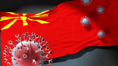 Makedonya 'nın Bistrica Belediyesindeki Covid - Coronavirus, Makedonya' nın Bistrica Belediyesi bayrağına saldırarak bu kentteki virüs salgınıyla mücadele ve mücadelenin bir simgesi olarak, 3D illüstrasyon