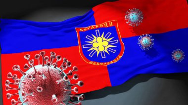 Kuzey Makedonya 'nın Bogdanci Belediyesindeki Covid - Coronavirus ve Bogdanci Belediyesi' nin Kuzey Makedonya bayrağı, bu kentteki salgının bir simgesi olarak, 3d illüstrasyon