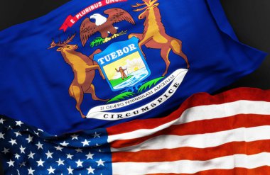 Michigan bayrağı, Amerika Birleşik Devletleri 'nin bayrağıyla birlikte, aralarındaki birliğin sembolü olarak, 3D illüstrasyon.