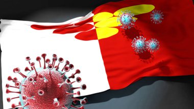 Kuzey Makedonya Kavadarci Belediyesindeki Covid - Coronavirus ve Kuzey Makedonya Kavadarci Belediyesi 'nin bir bayrağı, bu kentteki salgının bir simgesi olarak, 3d illüstrasyon