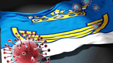 Helsinki 'deki Covid - Coronavirus bu şehirdeki virüs salgınıyla mücadele sembolü olarak Helsinki bayrağına saldırıyor.