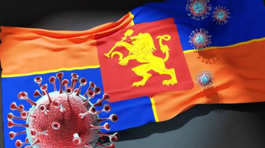 Krasnoyarsk 'taki Covid - Coronavirus, Krasnoyarsk' ın bir şehir bayrağına saldırarak bu şehirdeki virüs salgınıyla mücadelenin sembolü olarak saldırıyor.