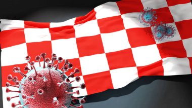 Glogow 'daki Covid - Coronavirus bu şehirdeki virüs salgınıyla mücadele etmek için Glogow' un bir şehir bayrağına saldırıyor.