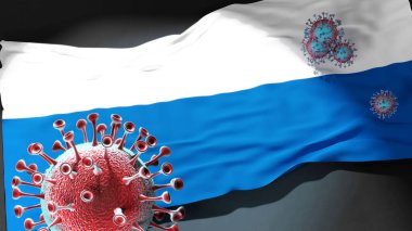 Legnica 'daki Covid - Coronavirus bu şehirdeki virüs salgınıyla mücadele sembolü olarak Legnica' nın bir şehir bayrağına saldırıyor.