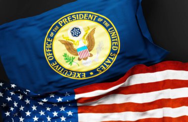 Amerika Birleşik Devletleri Başkanlığı bayrağı ve Amerika Birleşik Devletleri bayrağı, aralarındaki birliğin sembolü olarak, 3D illüstrasyon