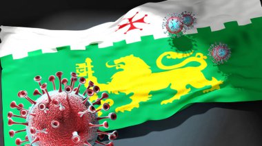 Akhaltsikhe 'deki Covid - Coronavirus, Akhaltsikhe' nin bir şehir bayrağına saldırıyor. Bu şehirdeki virüs salgınıyla mücadele için bir sembol.