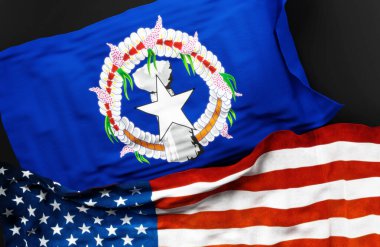 Kuzey Mariana Adaları bayrağı, Amerika Birleşik Devletleri bayrağı ile birlikte, aralarındaki bir bağlantının sembolü olarak, 3D illüstrasyon
