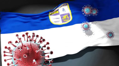 Kuzey Makedonya 'nın Dojran Belediyesindeki Covid - Coronavirus ve Kuzey Makedonya' daki Dojran Belediyesi bayrağı, bu kentteki salgının bir simgesi olarak, 3D illüstrasyon