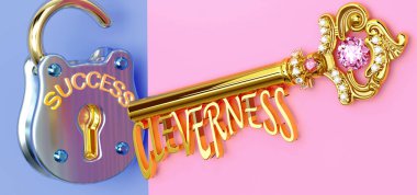 Başarının anahtarı zekilik - işte, işte, ailede veya hayatta kazanmak için zekaya odaklanmanız gerekir, zaferlere giden kapıları açar ve gerçekten istediğinizi elde edersiniz, 3d illüstrasyon