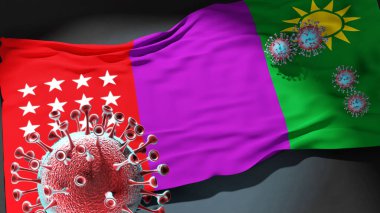 Jaen Peru 'da Covid - Coronavirus Jaen Peru' nun bir şehir bayrağına saldırıyor bu şehirdeki virüs salgınıyla mücadele sembolü olarak, 3D çizim