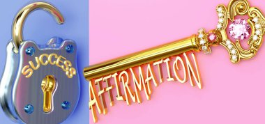 Başarının anahtarı, işte, işte, işte, ailede ya da hayatta kazanmak için olumlamaya odaklanmanız gerekir. Zaferlere giden kapıları açar ve gerçekten istediğinizi elde edersiniz. 3D illüstrasyon.