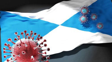 Halle 'deki Covid - Coronavirus bu şehirdeki virüs salgınıyla mücadele sembolü olarak Halle' nin bir şehir bayrağına saldırıyor.