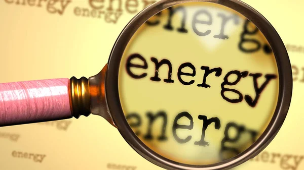 能源和英语单词 的放大镜表示研究 考察或寻找与能源概念有关的解释和答案 — 图库照片