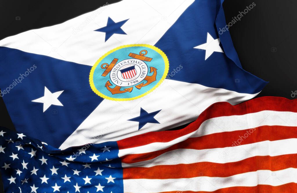 Flag of the Vice Commandant of the USCG along with a flag of the United States of America as a symbol of a connection between them, 3d illustration