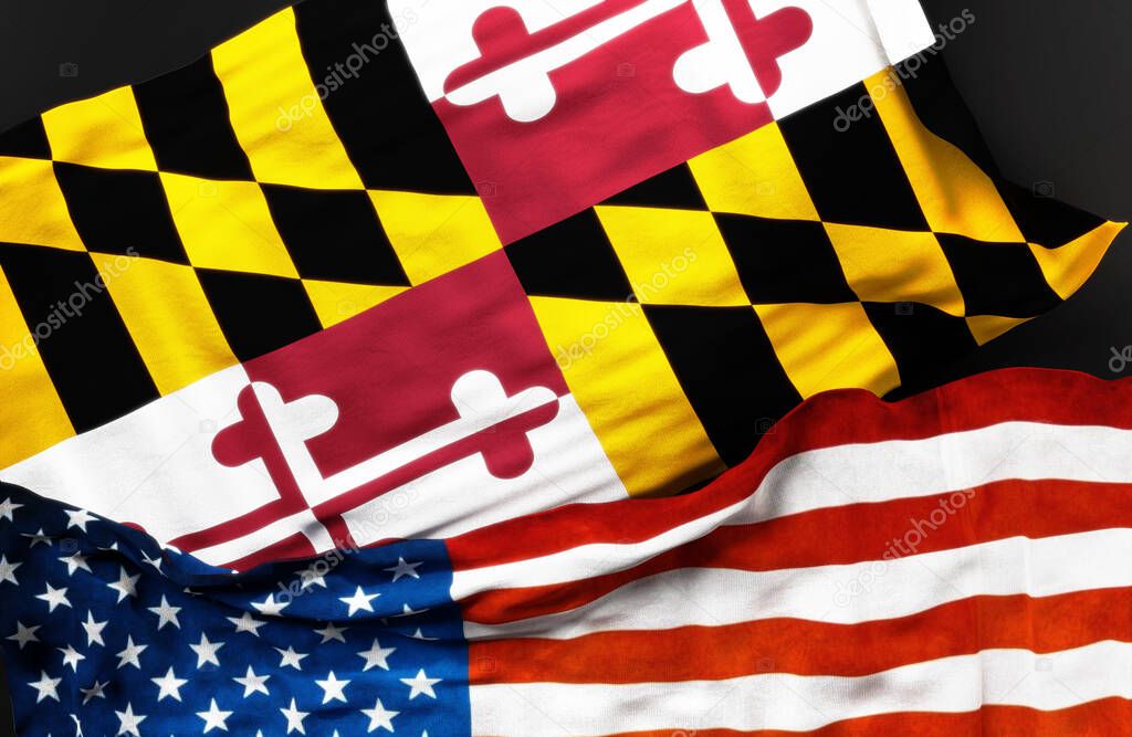 Flag of Maryland along with a flag of the United States of America as a symbol of unity between them, 3d illustration