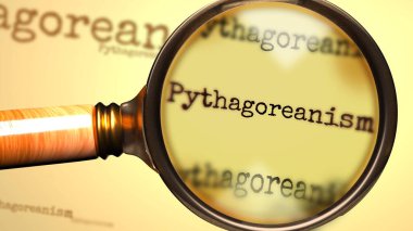 Pisagor bilimi ve Pisagor bilimi üzerine bir büyüteç, Pisagor bilimi kavramına ilişkin araştırmaları ve cevapları sembolize etmek için, 3d illüstrasyon