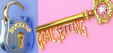 Başarının anahtarı iş hayatında, işte, ailede ya da hayatta kazanmak için hedefe odaklanmanız gerekir. Zaferlere giden kapıları açar ve gerçekten istediğinizi elde edersiniz. 3D illüstrasyon.