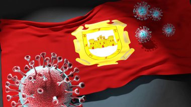 La Serena Şili 'deki Covid - Coronavirus bu şehirdeki virüs salgınıyla mücadele sembolü olarak La Serena Şili' nin bir şehir bayrağına saldırıyor.