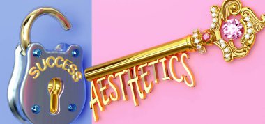 Başarının anahtarı estetiktir - iş, iş, aile ya da hayatta kazanmak için estetiğe odaklanmanız gerekir, zaferlere giden kapıları açar ve gerçekten istediğinizi elde edersiniz, 3D illüstrasyon