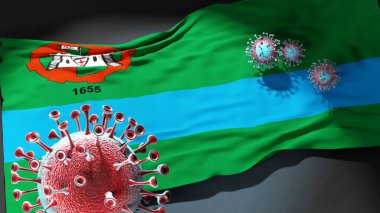 Jundiai 'deki Covid - Coronavirus bu şehirdeki virüs salgınıyla mücadele sembolü olarak Jundiai' nin bir şehir bayrağına saldırıyor.