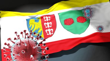 Bielsko Biala 'daki Covid - Coronavirus, Bielsko Biala' nın şehir bayrağına saldırıyor. Bu şehirdeki virüs salgınıyla mücadele ve mücadele sembolü olarak.