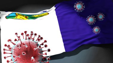 Kuzey Makedonya 'nın Delcevo Belediyesindeki Covid - Coronavirus ve Kuzey Makedonya' nın Delcevo Belediyesi bayrağı, bu kentteki salgının bir simgesi olarak, 3D illüstrasyon