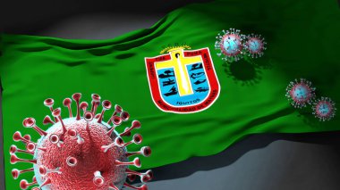 Iquitos 'taki Covid - Coronavirus bu şehirdeki virüs salgınıyla mücadele sembolü olarak Iquitos şehir bayrağına saldırıyor.