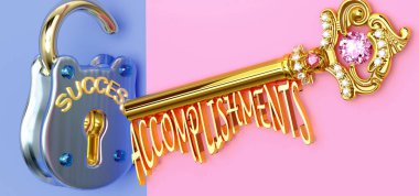 Başarının anahtarı başarıdır - işte ya da hayatta kazanmak için başarılara odaklanmanız gerekir, zaferlere giden kapıları açar ve gerçekten istediğinizi elde edersiniz, 3D illüstrasyon