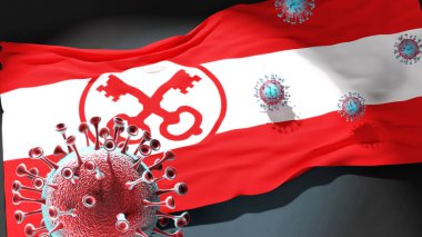 Leiden 'daki Covid - Coronavirus bu şehirdeki virüs salgınıyla mücadele sembolü olarak Leiden' ın şehir bayrağına saldırıyor.