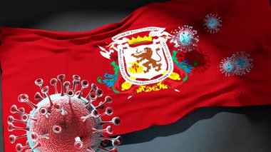 Covid in Caracas - Coronavirus Caracas 'ın bir şehir bayrağına saldırıyor bu şehirdeki virüs salgınıyla mücadele sembolü olarak, 3D illüstrasyon