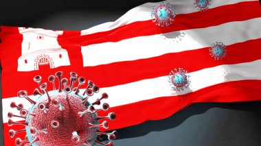 Alkmaar 'da Covid - Coronavirus, Alkmaar' ın şehir bayrağına saldırıyor. Virüs salgınıyla mücadele ve mücadele sembolü olarak.