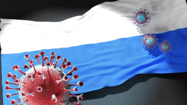 Krakow 'da Covid - Coronavirus Krakow' un şehir bayrağına saldırıyor bu şehirdeki virüs salgınıyla mücadele sembolü olarak, 3D çizim