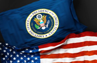 Birleşmiş Milletler Ticaret Temsilcisi bayrağı ve Amerika Birleşik Devletleri bayrağı aralarındaki bir bağlantının sembolü olarak, 3D illüstrasyon