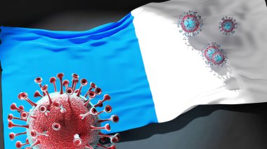 Ajaccio 'daki Covid - Coronavirus, Ajaccio' nun şehir bayrağına saldırıyor. Virüs salgınıyla mücadele ve mücadele sembolü olarak.