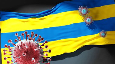 Leeuwarden 'da Covid - Coronavirus bu şehirdeki virüs salgınıyla mücadele sembolü olarak Leeuwarden' ın bir şehir bayrağına saldırıyor.