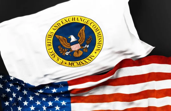 ABD Menkul Kıymetler ve Borsa Komisyonu 'nun bayrağı ve Amerika Birleşik Devletleri bayrağının da aralarında bir bağlantı sembolü olduğu üç boyutlu illüstrasyon.