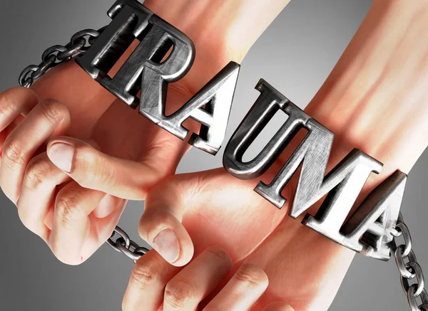 Trauma, social impact and its influence - a concept showing a person\'s hands in chains with a word Trauma as a symbol of its burden and misery it bring to human life, 3d illustration