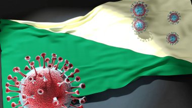 Huanuco 'da Covid - Coronavirus Huanuco şehir bayrağına saldırıyor. Virüs salgınıyla mücadele sembolü olarak.