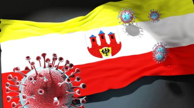 Boleslawiec 'te Covid - Coronavirus Boleslawiec' in bir şehir bayrağına saldırıyor bu şehirdeki virüs salgınıyla mücadele ve mücadele sembolü olarak, 3D illüstrasyon