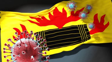 Kokkola 'da Covid. - Coronavirus Kokkola bayrağına saldırıyor. Bu şehirdeki virüs salgınıyla mücadele ve mücadelenin sembolü olarak, 3D illüstrasyon