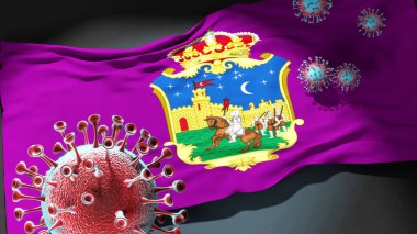 Guadalajara 'daki Covid - Coronavirus, Guadalajara' nın bir şehir bayrağına saldırıyor. Bu şehirdeki virüs salgınıyla mücadele için bir sembol.