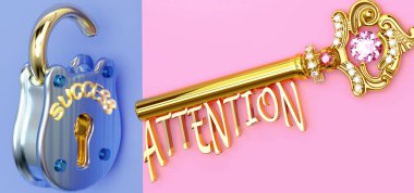 Başarının anahtarı dikkat çekmektir - işinizde, işinizde, ailenizde ya da hayatınızda kazanmak için dikkat etmeniz gereken şey, zaferlere giden kapıları açar ve gerçekten istediğinizi elde edersiniz, 3D illüstrasyon