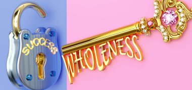 Başarının anahtarı bütünlük - iş, iş, aile veya hayatta kazanmak için bütünlüğe odaklanmanız gerekir, zaferlere giden kapıları açar ve gerçekten istediğinizi elde edersiniz, 3D illüstrasyon