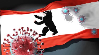 Berlin 'deki Covid - Coronavirus, Berlin' in bir şehir bayrağına saldırıyor. Bu şehirdeki virüs salgınıyla mücadele sembolü olarak, 3D illüstrasyon.