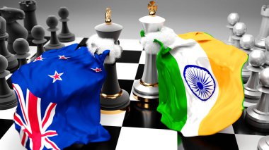 Yeni Zelanda Hindistan krizi, çatışma ve tartışma bu iki ülke arasında bir ticaret anlaşması veya ulusal bayraklarla oynanan bir satranç oyunuyla sembolize edilen hakimiyet, 3D illüstrasyon