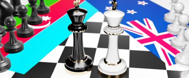 Azerbaycan ve Yeni Zelanda arasındaki çatışma, çatışma, kriz ve tartışma, bu iki ülke arasındaki ticaret anlaşması ve egemenlik, ulusal bayraklar, 3d illüstrasyonlu bir satranç oyunuyla sembolize ediliyor.